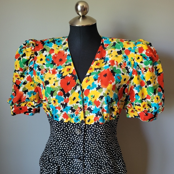 1980s floral silk cocktail dress puff shoulders dress with contrast skirt - Picture 5 of 16